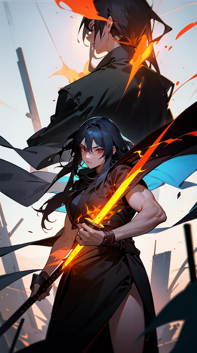 Create a character with long hair, from the back with a large black cape A katana on fire Eyes coming out of rays Black clothing with red stripes A scar on the arm A somewhat muscular body Acting like a swordsman In a destroyed city
