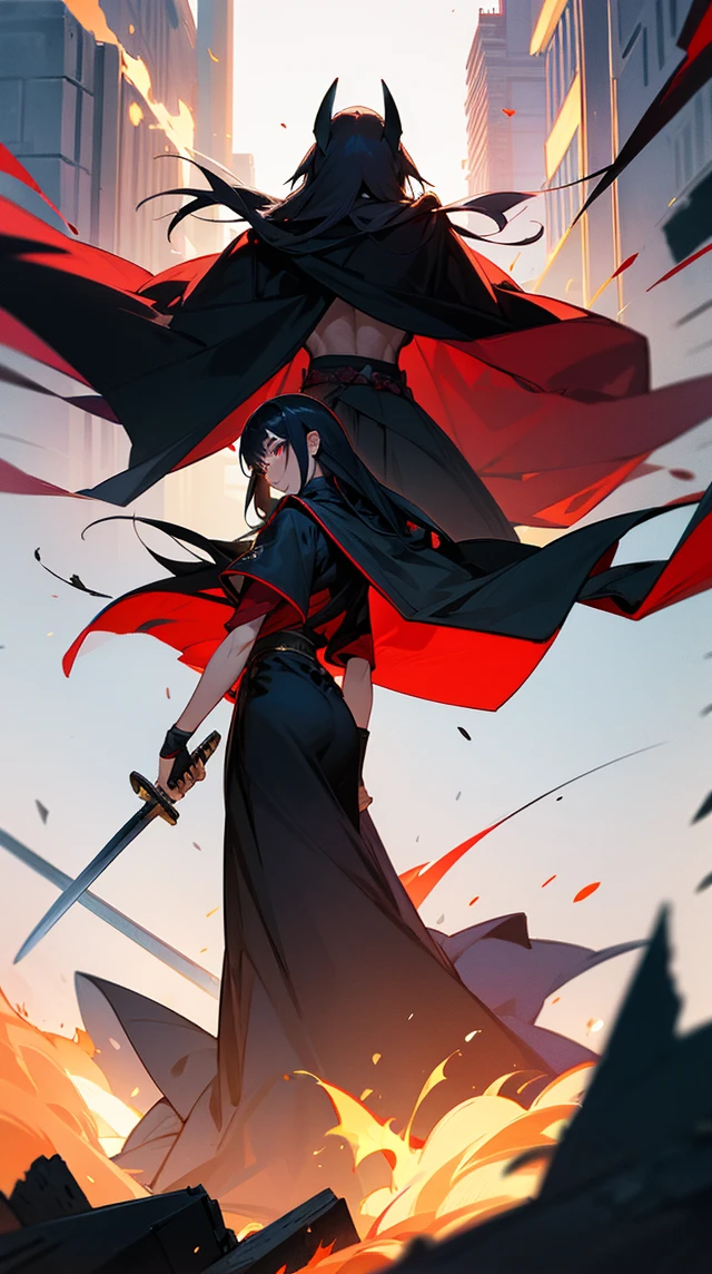 Create a character with long hair, from the back with a large black cape A katana on fire Eyes coming out of rays Black clothing with red stripes A scar on the arm A somewhat muscular body Acting like a swordsman In a destroyed city 