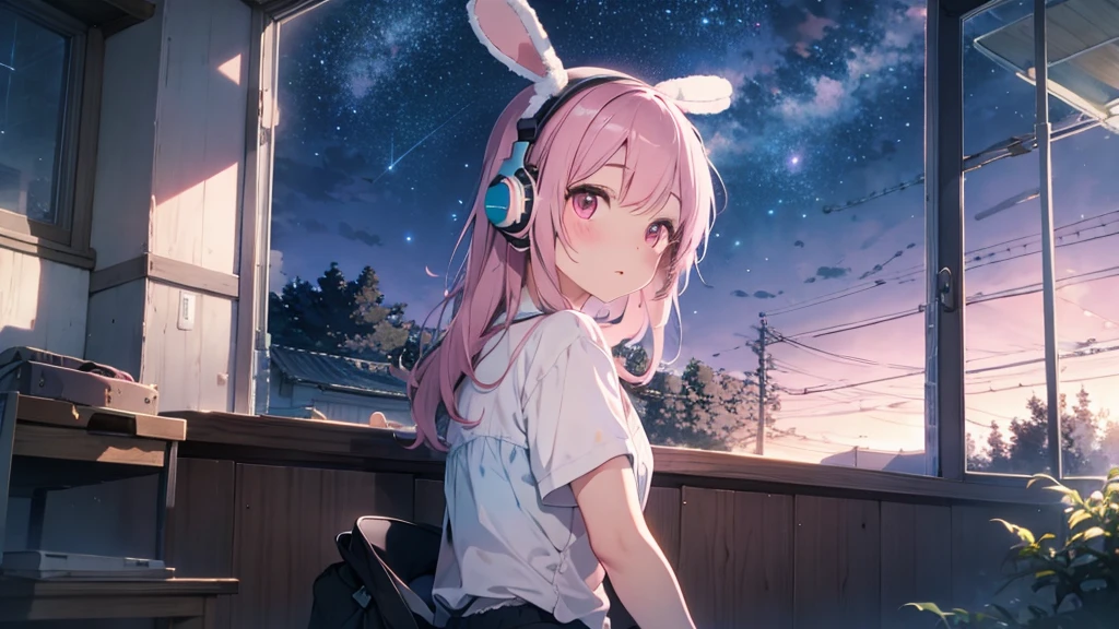 Highest quality, pretty girl, pastel colour, Fluffy bunny ears, Pink long hair,Pale pink eyes,You can see the starry sky from the window,Chill Pop,Lo-Fi,Wearing pink headphones