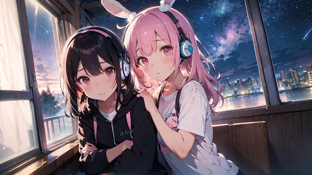 Highest quality, pretty girl, pastel colour, Fluffy bunny ears, Pink long hair,Pale pink eyes,You can see the starry sky from the window,Chill Pop,Lo-Fi,Wearing pink headphones