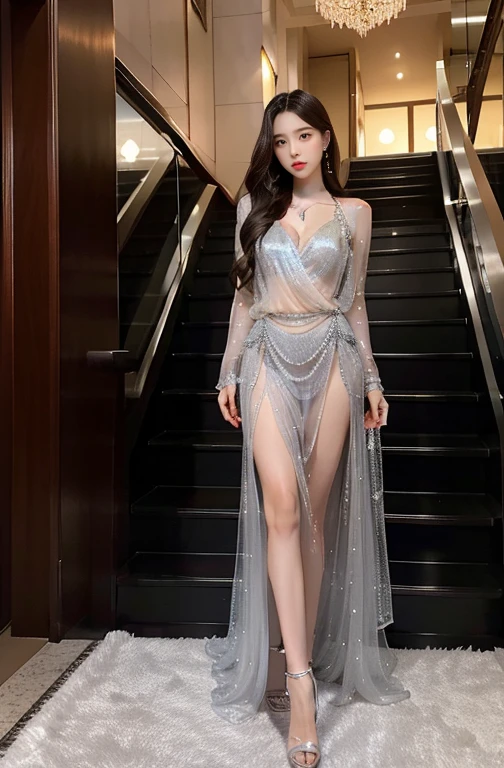 In the luxurious lobby,girl in silver dress,Translucent Dress, Dreamy exquisite long skirt, Beautiful Model,, Open your clothes,,necklace,Wearing crystal shoes,Walk down the stairs,Patterned carpet,Obedient sister,Will not refuse,Gentle and obedient personality、Obey everything,Likeable,付出型性格和Likeable的个性,Absolute obedience,Willing to give everything、Likeable,The pride of obedience,Waiting for command