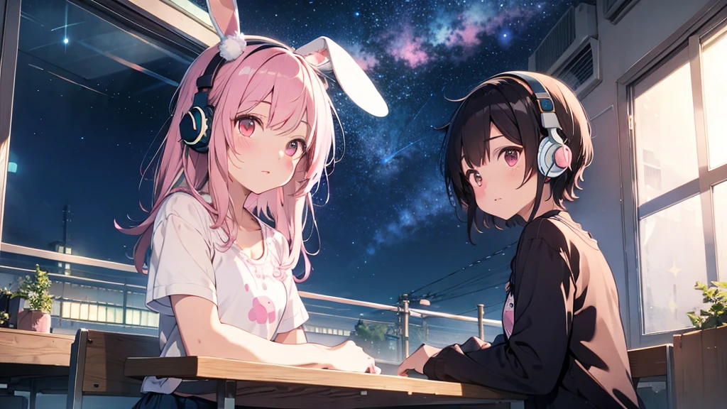 Highest quality, pretty girl, pastel colour, Fluffy bunny ears, Pink long hair,Pale pink eyes,You can see the starry sky from the window,Chill Pop,Lo-Fi,Wearing pink headphones