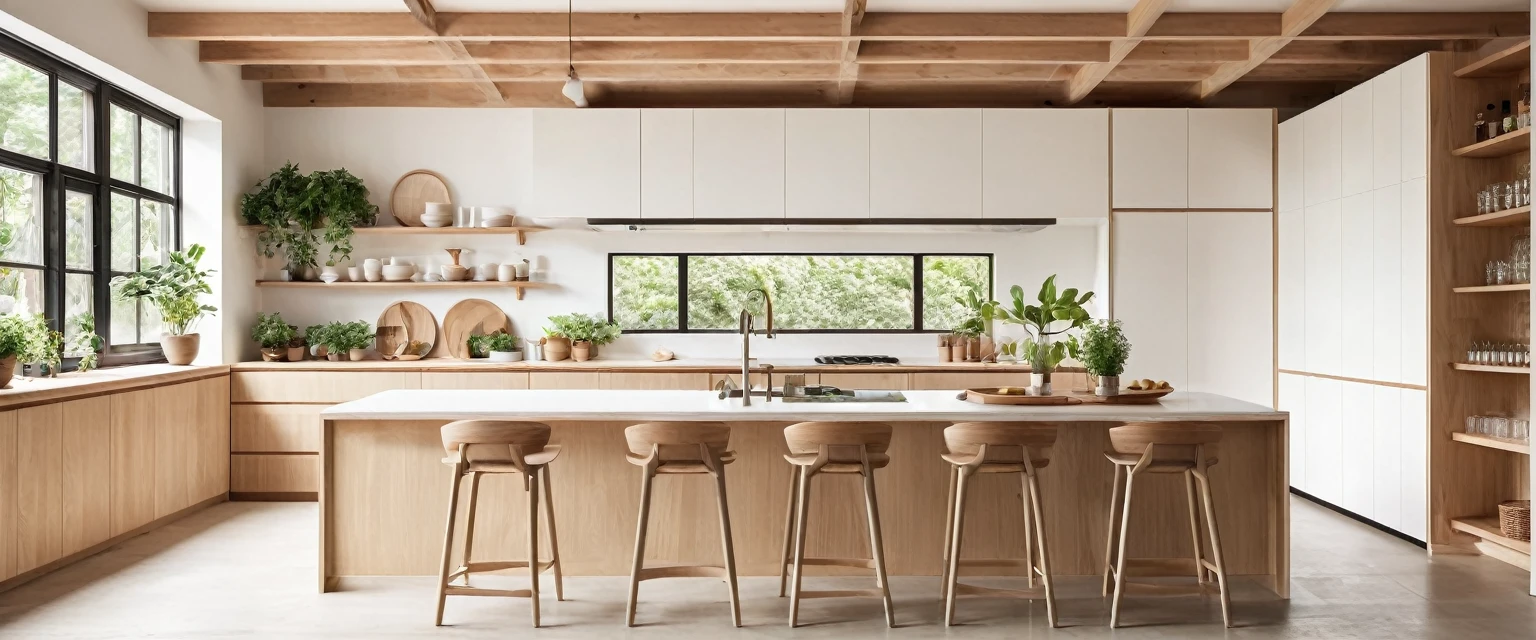 A high-resolution, minimalist Muji style kitchen with a striking depth effect. The space features clean lines, a neutral color palette of whites, beiges, and natural wood tones. The kitchen includes sleek wooden cabinetry, open shelving showcasing simple, functional kitchenware, and a stylish island with bar stools. Large windows provide ample natural light. The overall design emphasizes simplicity and functionality, with potted plants and handmade decor adding a touch of warmth and nature. ((8k)), ((UHD)), high quality detail, depth of field effect, no yapping.
