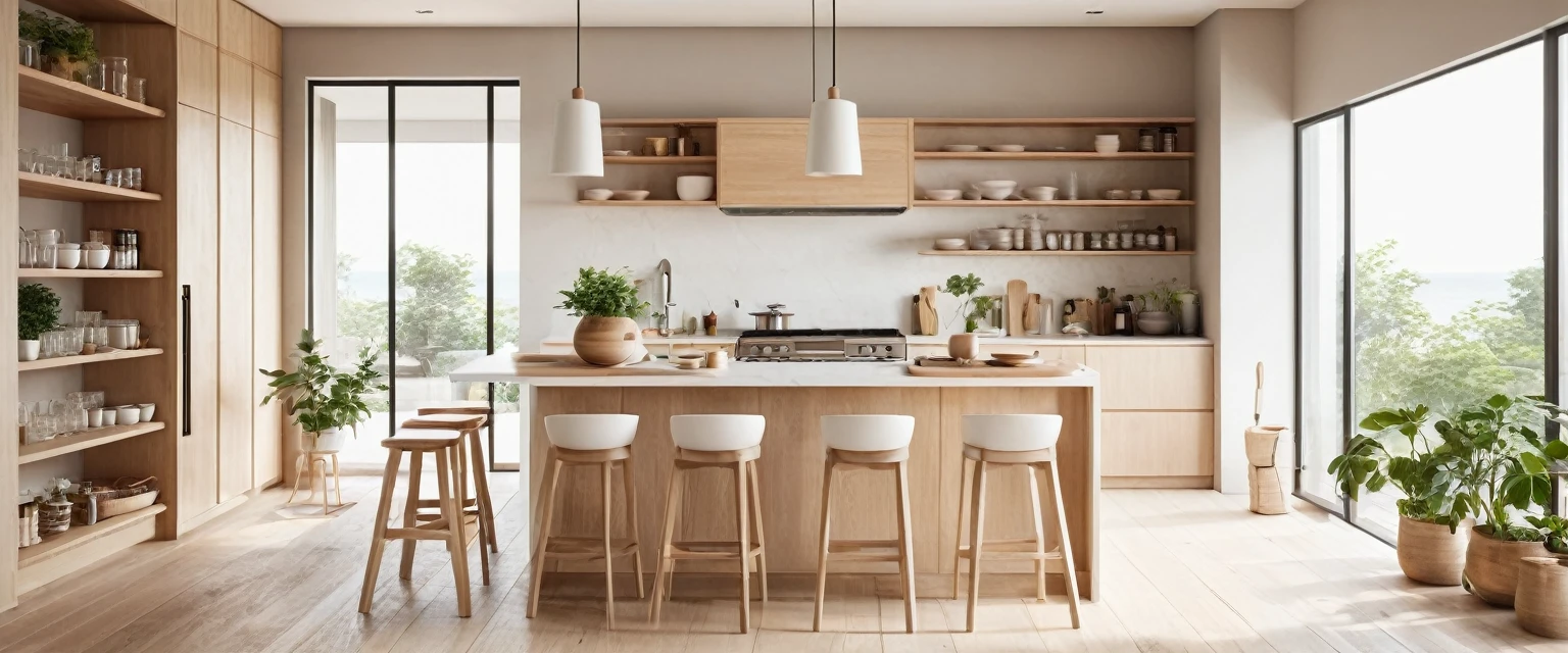 A high-resolution, minimalist Muji style kitchen with a striking depth effect. The space features clean lines, a neutral color palette of whites, beiges, and natural wood tones. The kitchen includes sleek wooden cabinetry, open shelving showcasing simple, functional kitchenware, and a stylish island with bar stools. Large windows provide ample natural light. The overall design emphasizes simplicity and functionality, with potted plants and handmade decor adding a touch of warmth and nature. ((8k)), ((UHD)), high quality detail, depth of field effect, no yapping.