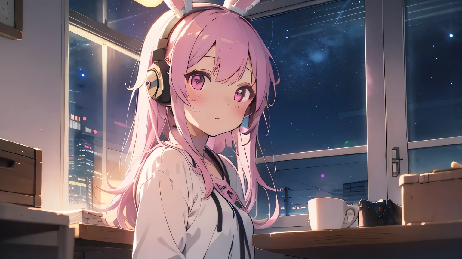 Highest quality, pretty girl, pastel colour, Fluffy bunny ears, Pink long hair,Pale pink eyes,You can see the starry sky from the window,Chill Pop,Lo-Fi,Wearing pink headphones