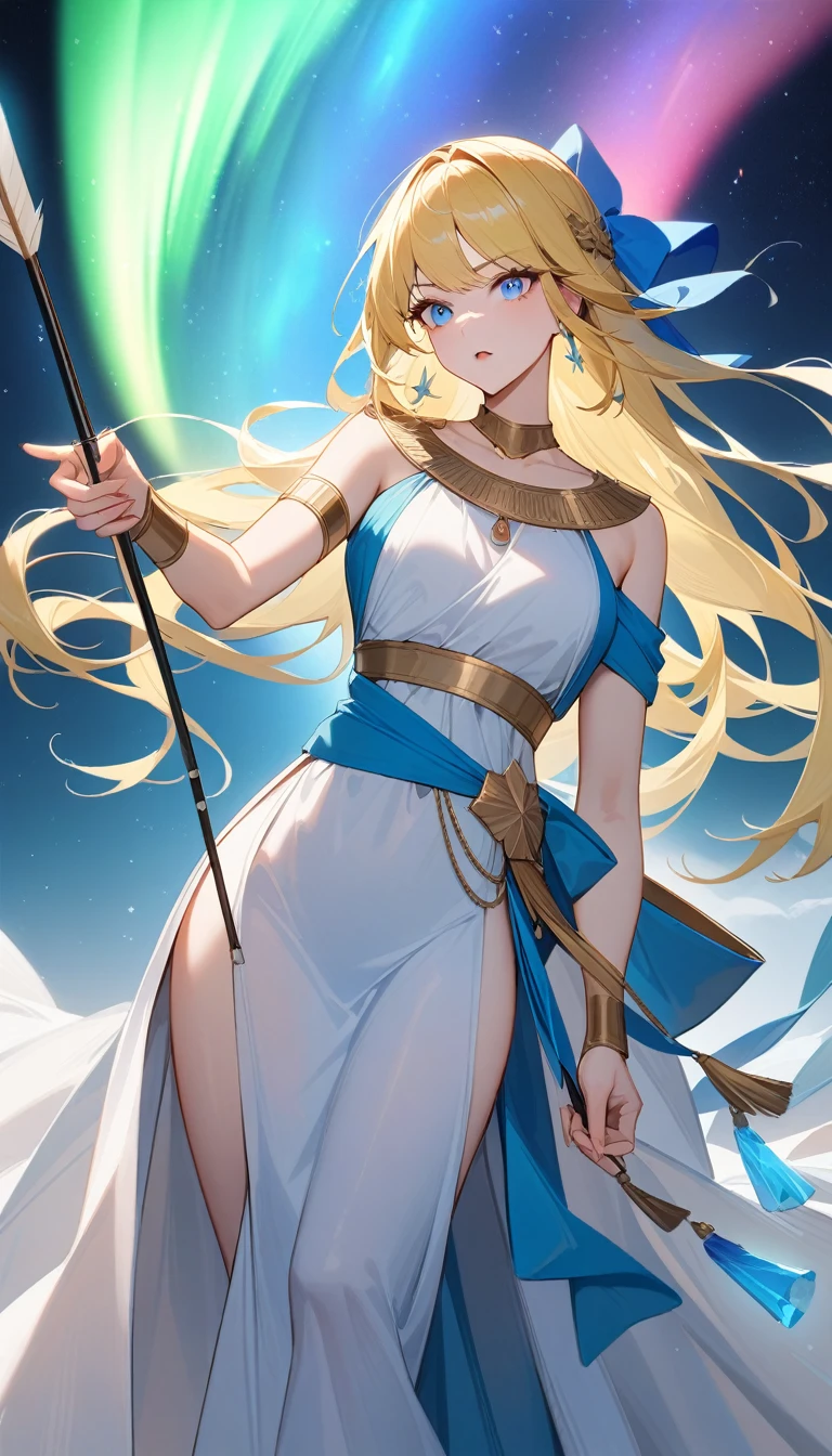 （Huang Li、high quality、Extremely detailed），Constellation-Sagittarius Goddess，Huge bow，Woman shooting arrows，Similar to Latin goodness，brave，capricious，Productivity，The face of enterprising and humanitarianism，Long yellow hair，Ancient Greek costumes、Wrap Dress，Conservative clothing，The background is the aurora，Crystal blue eyes（Eyes Details），Powerful appearance, Correct anatomy