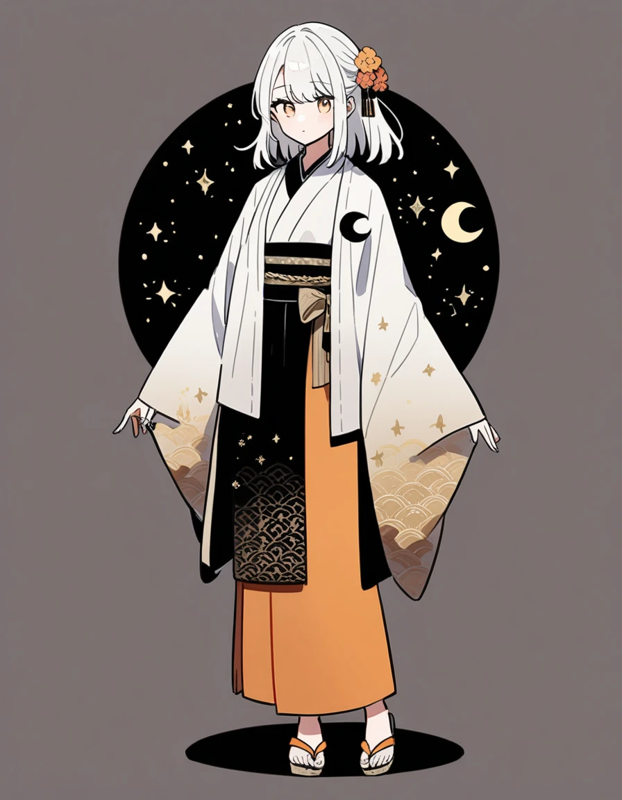 22 years old, beautiful, White Hair, Crescent moon motif, whole body, kimono, Casual wear