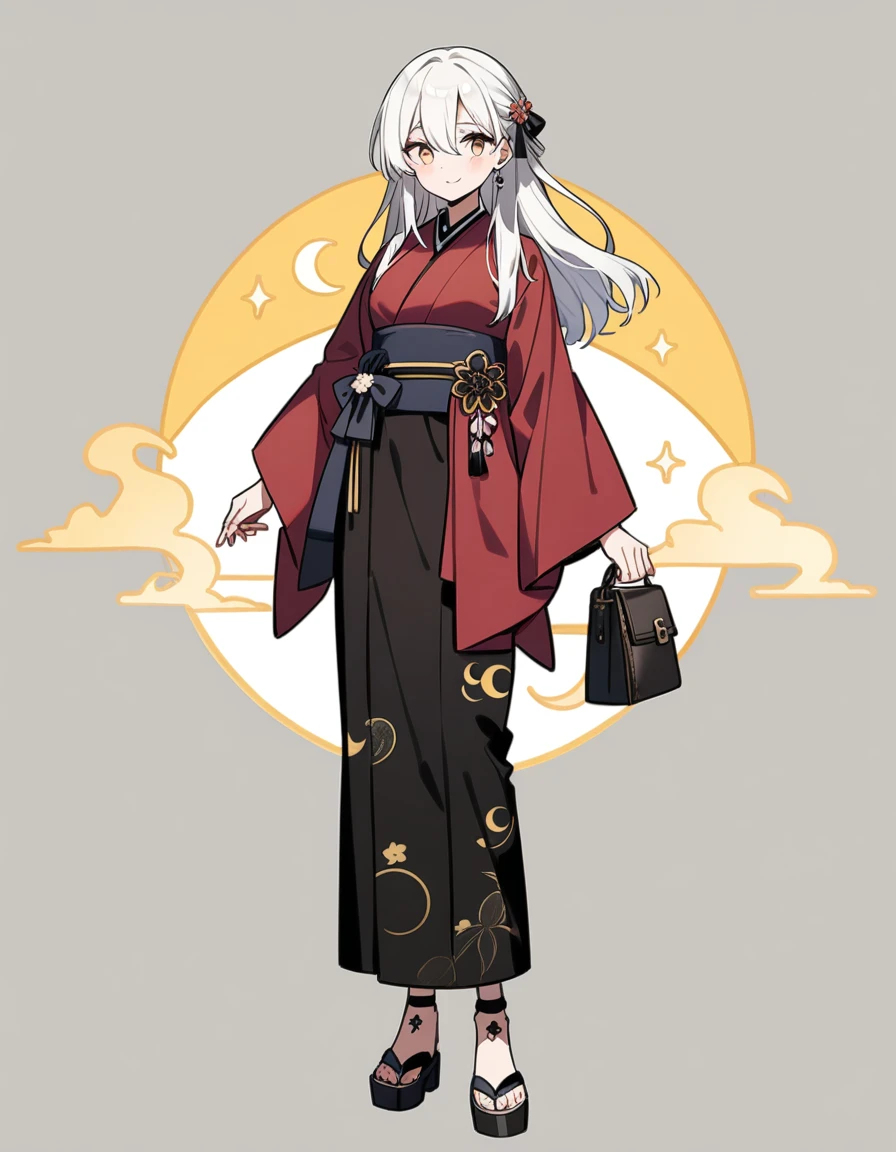 22 years old, beautiful, White Hair, Crescent moon motif, whole body, kimono, Casual wear