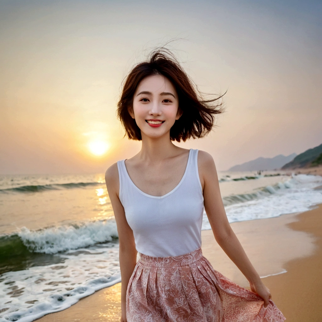 sunset on the beach，바다에 잔광이 비치네sunset on the beach 붉은 태양，A strong lingering scent is reflected in the sea., Beautiful 46-year-old short Korean woman, Chest size 34 inches, Wear sleeveless, light skirt. beautiful pretty woman look , wearing a light skirt , Go far into the sea water and dip your toes., Short medium hair blowing in the wind, 1 short woman, beautiful eyes, a little smile, Full-body photo taken from afar with a wide-angle lens, The background is clean and perfect., waves moved by the wind, best high definition