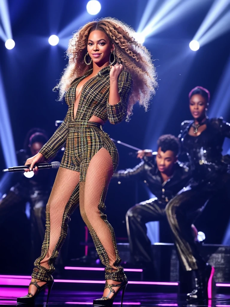 Beyonce, wear plaid jumpsuit, sparkling stage