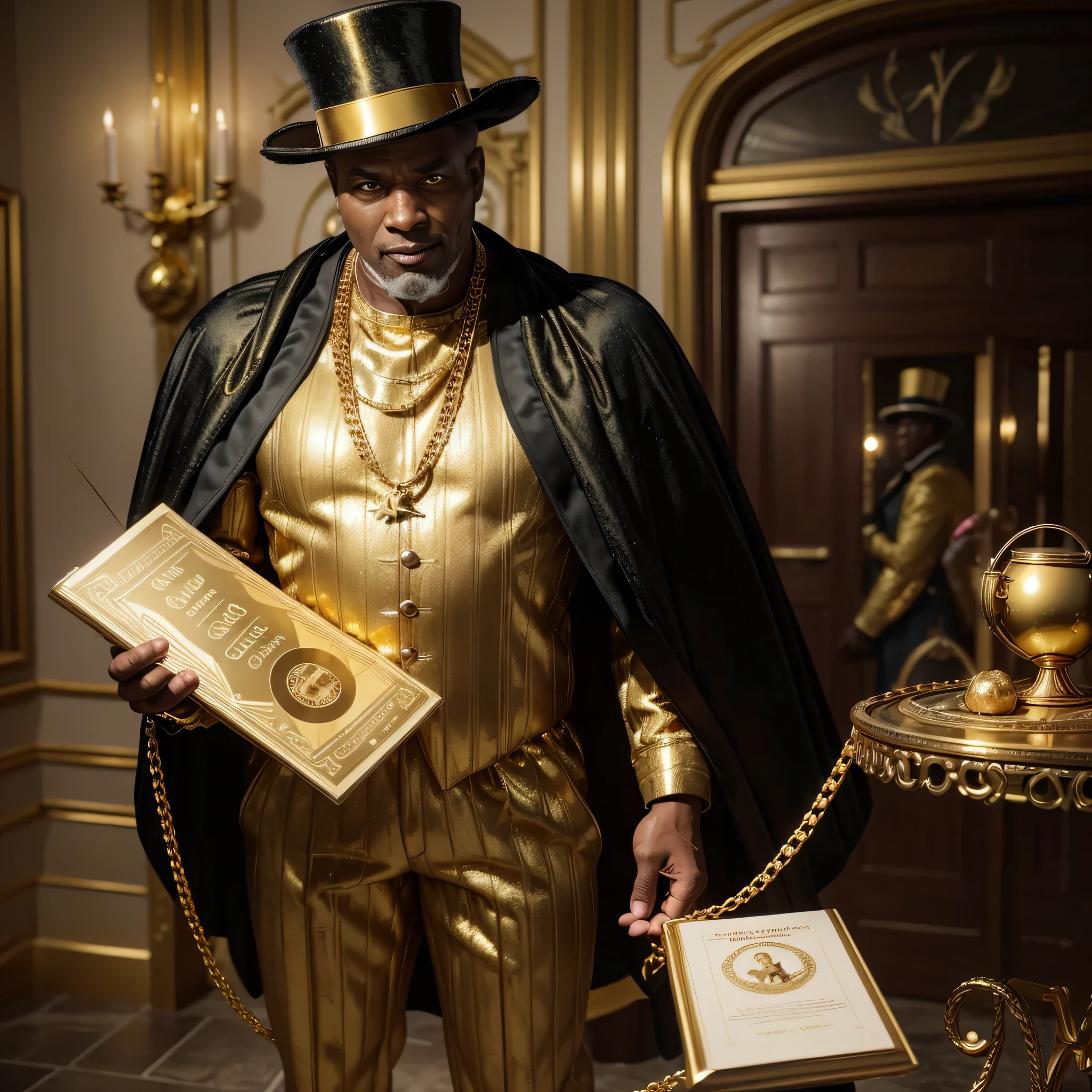 
(black man), (age 50 years old), (imposing), (wearing a golden cape), (gold shoe), (golden cross neck chain), (wide smile), (inside Scrooge McDuck's treasure) , (wearing a golden top hat), golden cane), (golden goat at his side), (holds a golden book),