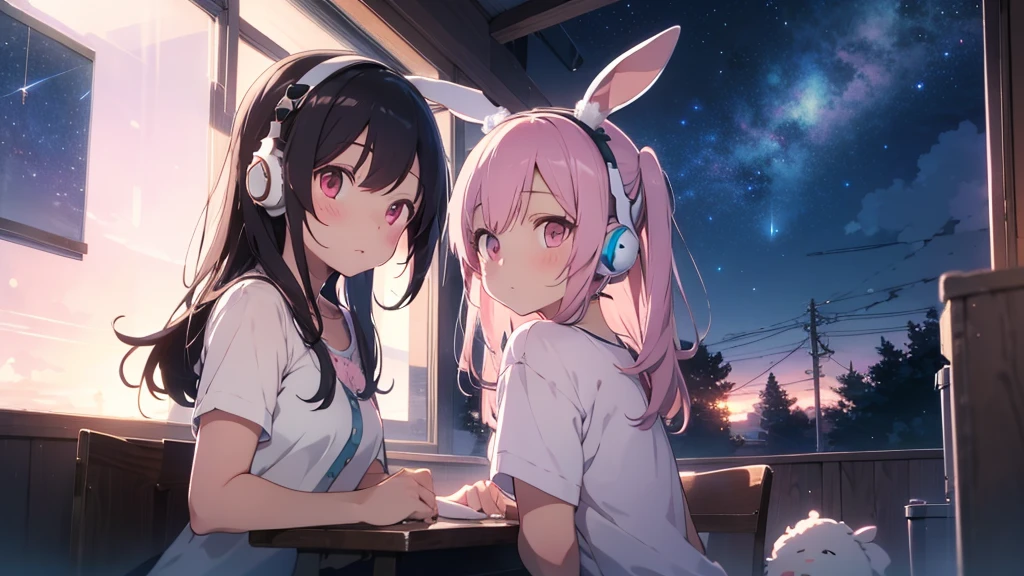 Highest quality, pretty girl, pastel colour, Fluffy bunny ears, Pink long hair,Pale pink eyes,You can see the starry sky from the window,Chill Pop,Lo-Fi,Wearing pink headphones