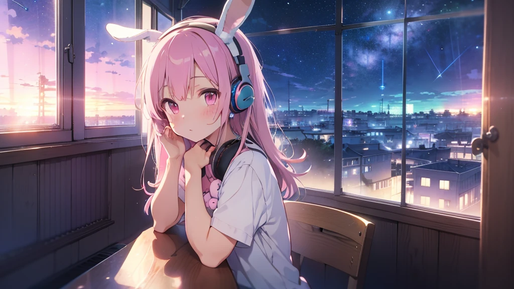 Highest quality, pretty girl, pastel colour, Fluffy bunny ears, Pink long hair,Pale pink eyes,You can see the starry sky from the window,Chill Pop,Lo-Fi,Wearing pink headphones