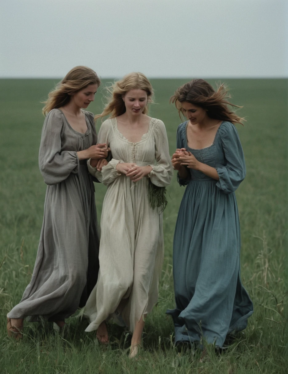 analog film dynamic lively, sad lost natural pale (bunch of caucasian different _women 3girls "Ashley,Brenda and Sophie":1.7) comforting each other in a barley-field,lively,rural-traditional-maid-dress, (stormy,overcast, heavy wind, hair blows in the strong wind,(strains of hair covering face)), (bleak,desolate,somber,sombre,poor,peasant,depression, famine,dreary,dirty,dust,abandoned,dull colors,dof,dark moody,dirty clothes,skin,cleavage,run-down,film grain,highly detailed:1.7), faded film,vignette, stained,