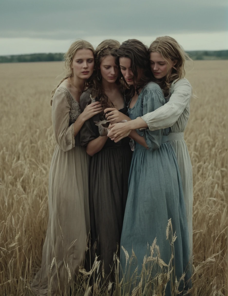 analog film dynamic lively, sad lost natural pale (bunch of caucasian different _women 3girls "Ashley,Brenda and Sophie":1.7) comforting each other in a barley-field,lively,rural-traditional-maid-dress, (stormy,overcast, heavy wind, hair blows in the strong wind,(strains of hair covering face)), (bleak,desolate,somber,sombre,poor,peasant,depression, famine,dreary,dirty,dust,abandoned,dull colors,dof,dark moody,dirty clothes,skin,cleavage,run-down,film grain,highly detailed:1.7), faded film,vignette, stained, 