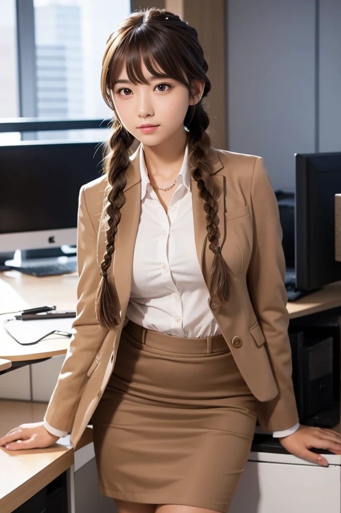 masterpiece, best quality, 1 girl, solo, ager, large breasts, light brown eyes, bangs, brond hair, braids hair, office staff suit, jacket, pencil skirt, upper body, standing, office nsfw:1.1