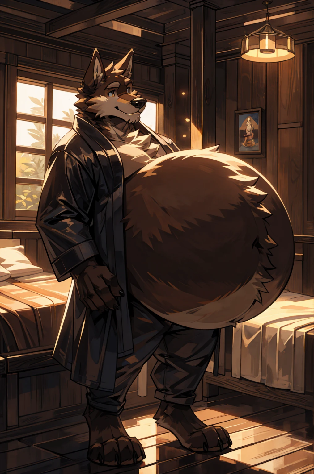 (furry)(handsome) male brown wolf in a cozy bed, with an extremely(big:1.1, massive:1.1, enormous:1.1) beer belly. The beer belly of the brown wolf furry is (huge:1.1, immense:1.1, gigantic:1.1), measuring 250 meters in circumference. The belly of the brown wolf furry is round and fluffy, resembling a (round, plump) hot air balloon. The fur on the brown wolf furry is (brown, chocolate-colored, earthy), and he is wearing a bathrobe and jeans. His big belly is exposed.
Prompt format:
(furry,handsome) male brown wolf,furry bed,(big:1.1,massive:1.1,enormous:1.1) beer belly,huge beer belly,(round,plump) hot air balloon,fur,(brown,chocolate-colored,earthy),bathrobe