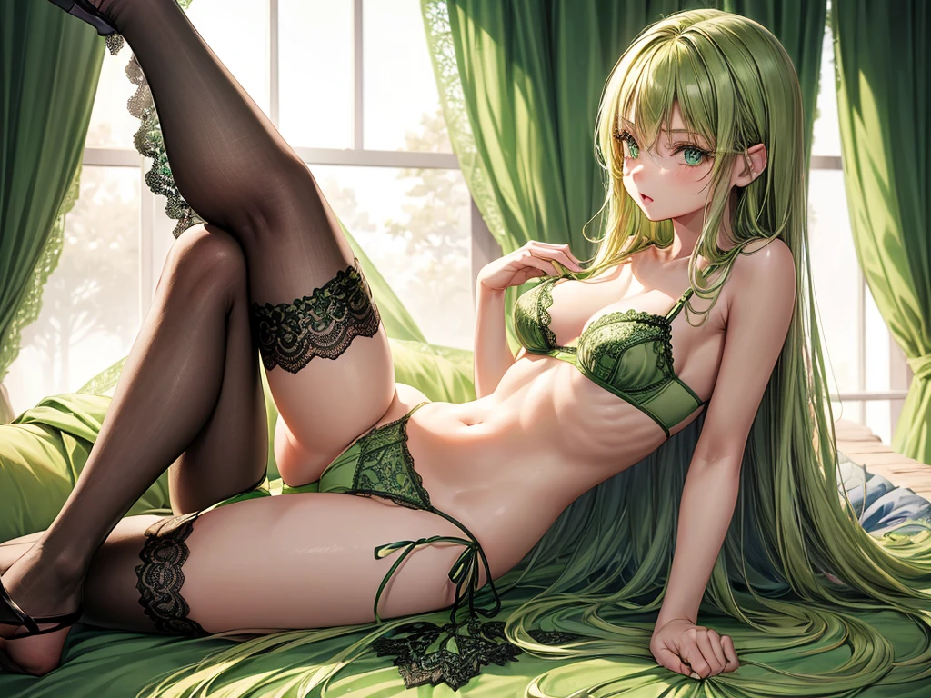 (depcit little young girl), (((green lace panties and elegant green lingerie))), ((green panty transparent)), redhead, long hair, straight hair, blue eyes, thin , small breasts, (topless), nice hips, open shoulders, (((sassy))), back arched, knees on the couch,