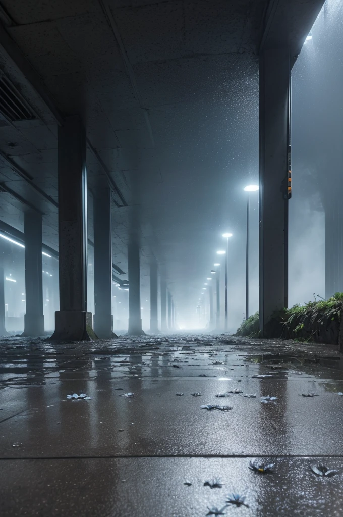 ((best quality)), ((wet asphalt)), (detailed), ((A brutalist construction)) ((with a fog)) ((low lighting with a bluish tone)) ((wet floor reflecting light )) ((flowers growing on the ground)) ((wide and infinite)) ((afternoon but not so bright))
((ultra realisitic)) ((outside)) ((fire flies)) ((light posts))