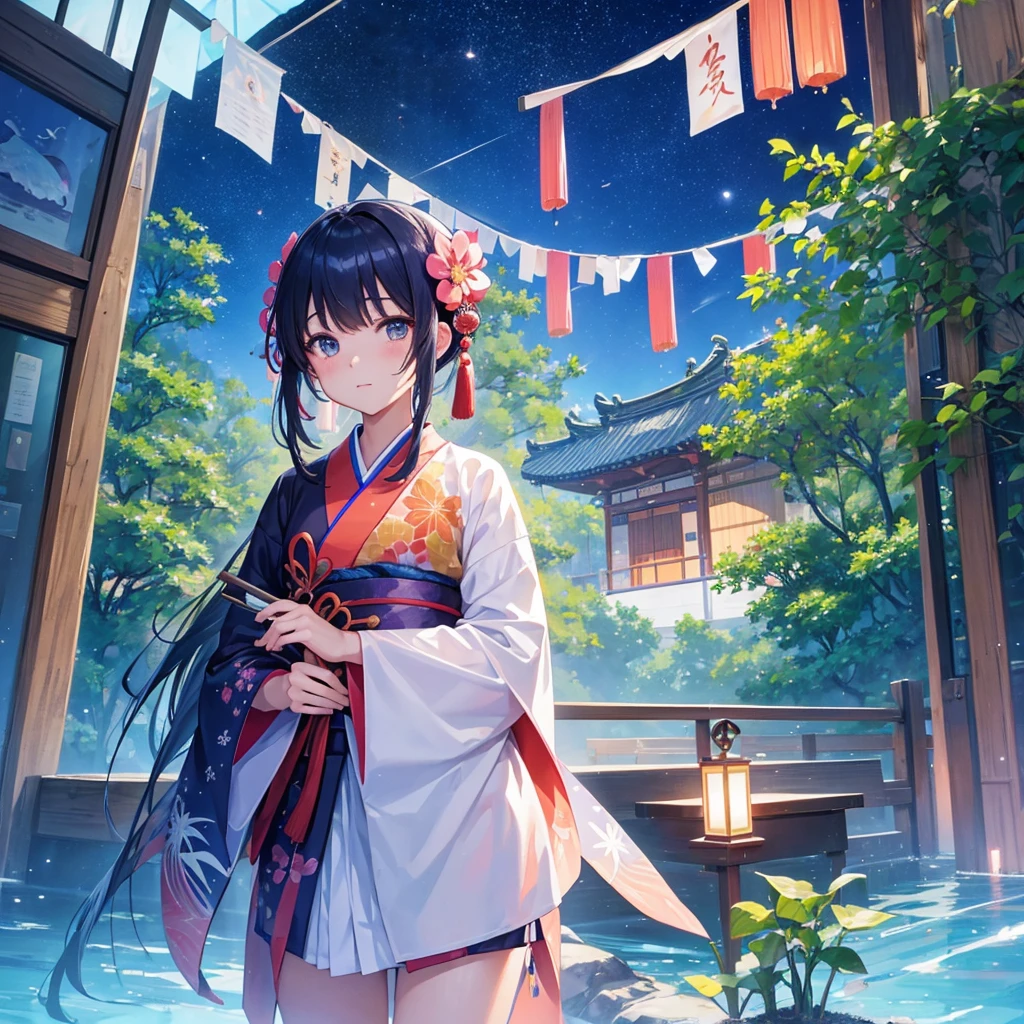 Tanabata in the night sky Girls and men in Chinese style kimonos(lover) Bamboo forest and paper strips Have shaved ice restaurant Multiple display monitors in the background(anime ) Aquarium(Goldfish)