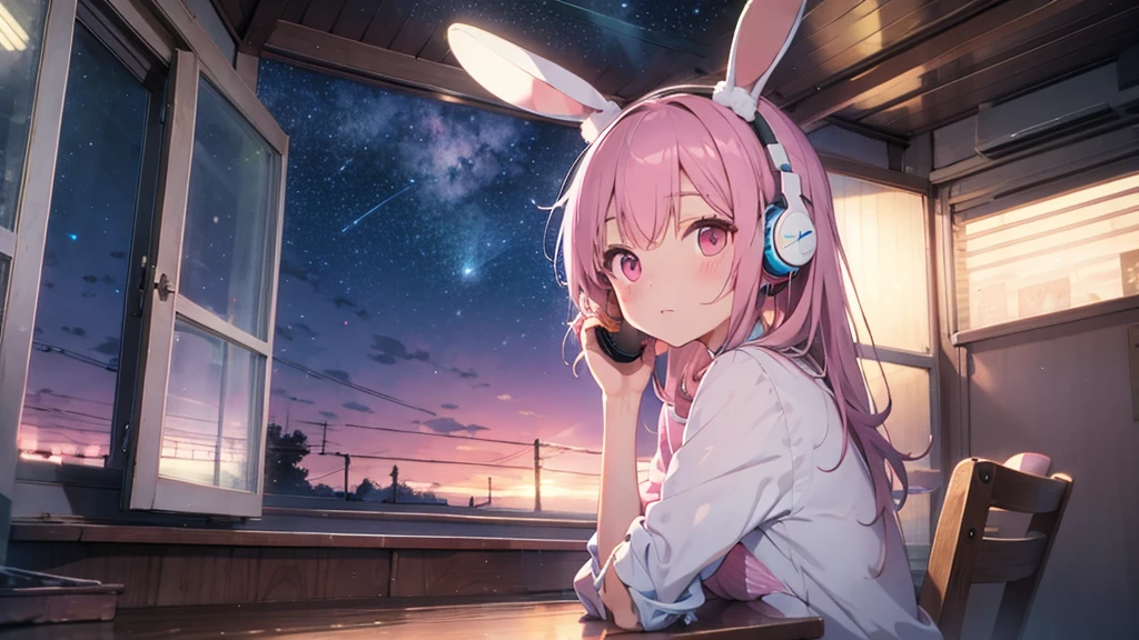 Highest quality, pretty girl, pastel colour, Fluffy bunny ears, Pink long hair,Pale pink eyes,You can see the starry sky from the window,Chill Pop,Lo-Fi,Wearing pink headphones