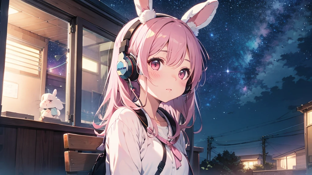 Highest quality, pretty girl, pastel colour, Fluffy bunny ears, Pink long hair,Pale pink eyes,You can see the starry sky from the window,Chill Pop,Lo-Fi,Wearing pink headphones