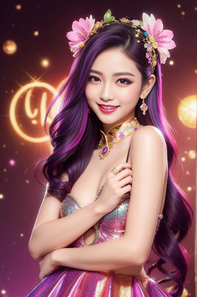 sexy Thai model who controls poison、beautiful smile、lip-gloss、bold lipstick、colorful metallic makeup、look at the camera、full body Esbian、、sparkling poisoned flower costume、、、、sparkling Colorful hair、secrete poison、skull hair accessories、sexy tights、shiny sparkling flowers background