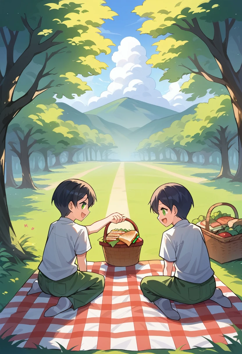 cover page, anime key visual, highres, top quality, best quality, paid reward available, High-quality illustrations, unparalleled masterpiece, perfect artwork, absurdres(heartwarming family picnic scene)(in lush green park)(kemono werewolf family with two parents of diverse descents and a )perfect anatomy, sitting on a colorful blanket, parents smiling and taking out food from a picnic basket,  reaching for sandwich, cheerful and relaxed atmosphere, bright sunny day, trees in the background, fan-created work shared on platforms Pixiv or , cinematic lighting, dynamic angle,