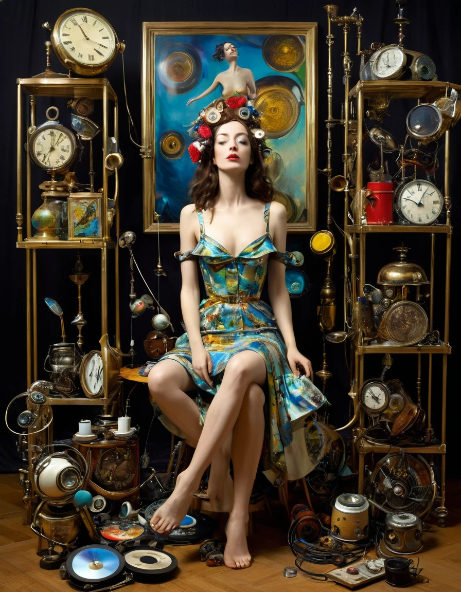 full body,a sculpture of a woman surrounded by assorted objects, inspired by Salvador Dali, the album is called Tripmachine, music, memory trapped in Eternal Time, Annie Liebowitz, face of mad Pulcinella, [[fantasy]], Sandra Chevrier and John Hoyland, album, father time, ( ( ( surrealism ) ) ), profile pic, instrument. epic realism, atmospheric impressionism, film dramatic realism, pre-raphaelite realism, low tone photography, hard focus realism 