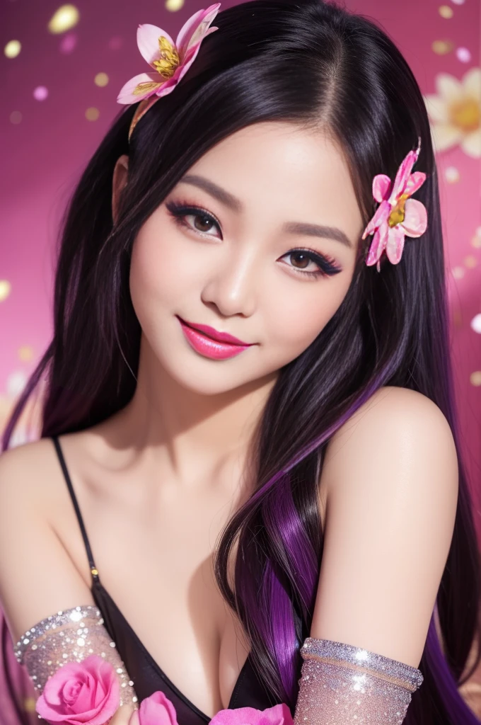 sexy Thai model who controls poison、beautiful smile、lip-gloss、bold lipstick、long lashes、eyeliner、vivid eye-shadow、look at the camera、full body Esbian、、sparkling poisoned flower costume、、、、sparkling Colorful hair、secrete poison、skull hair accessories、sexy tights、shiny sparkling flowers background
