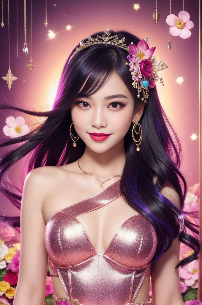 sexy Thai model who controls poison、beautiful smile、lip-gloss、bold lipstick、long lashes, metallic makeup、look at the camera、full body Esbian、、sparkling poisoned flower costume、、、、sparkling Colorful hair、secrete poison、skull hair accessories、sexy tights、shiny sparkling flowers background