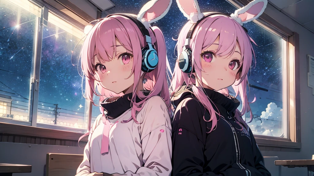 Highest quality, pretty girl, pastel colour, Fluffy bunny ears, Pink long hair,Pale pink eyes,You can see the starry sky from the window,Chill Pop,Lo-Fi,Wearing pink headphones