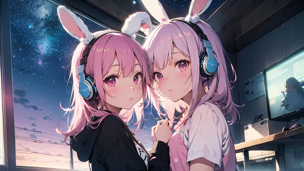 Highest quality, pretty girl, pastel colour, Fluffy bunny ears, Pink long hair,Pale pink eyes,You can see the starry sky from the window,Chill Pop,Lo-Fi,Wearing pink headphones