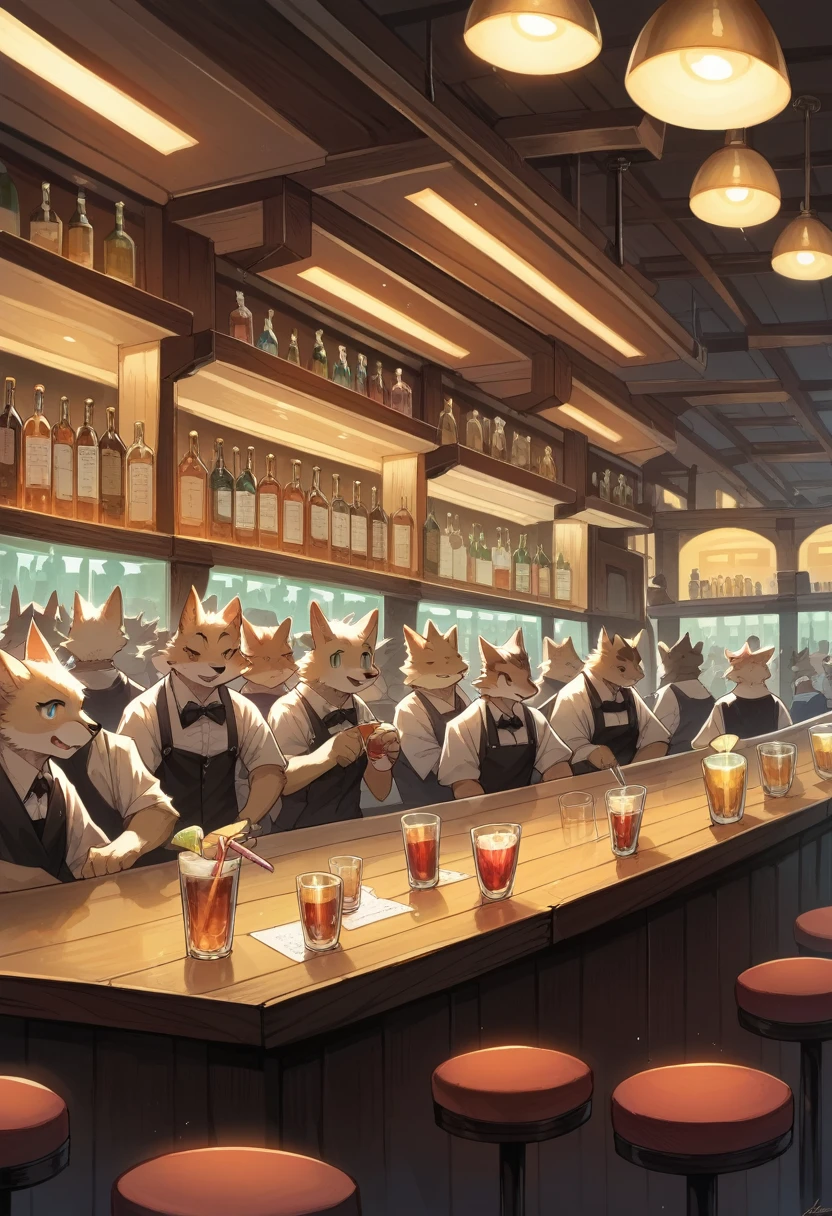 top quality, best quality, High-quality illustrations, masterpiece, super high resolution, detailed background, bartender, bar, cocktail, 6+boys, 6+girls, absurdres(highly detailed beautiful face and eyes)perfect anatomy, expression, good lighting, cinematic shadow(kemono, furry anthro)assorted poses, dynamic angle,