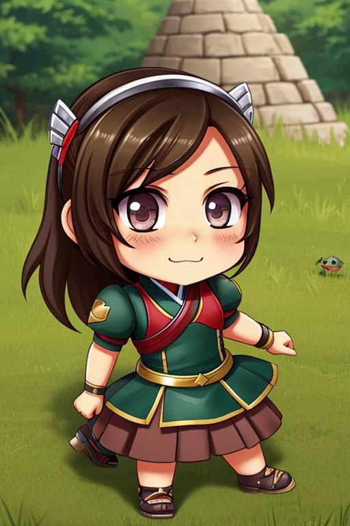 Chibi princess soldier in the battlefield with her comrades chibi turtle and a chibi boy with asian eyes
