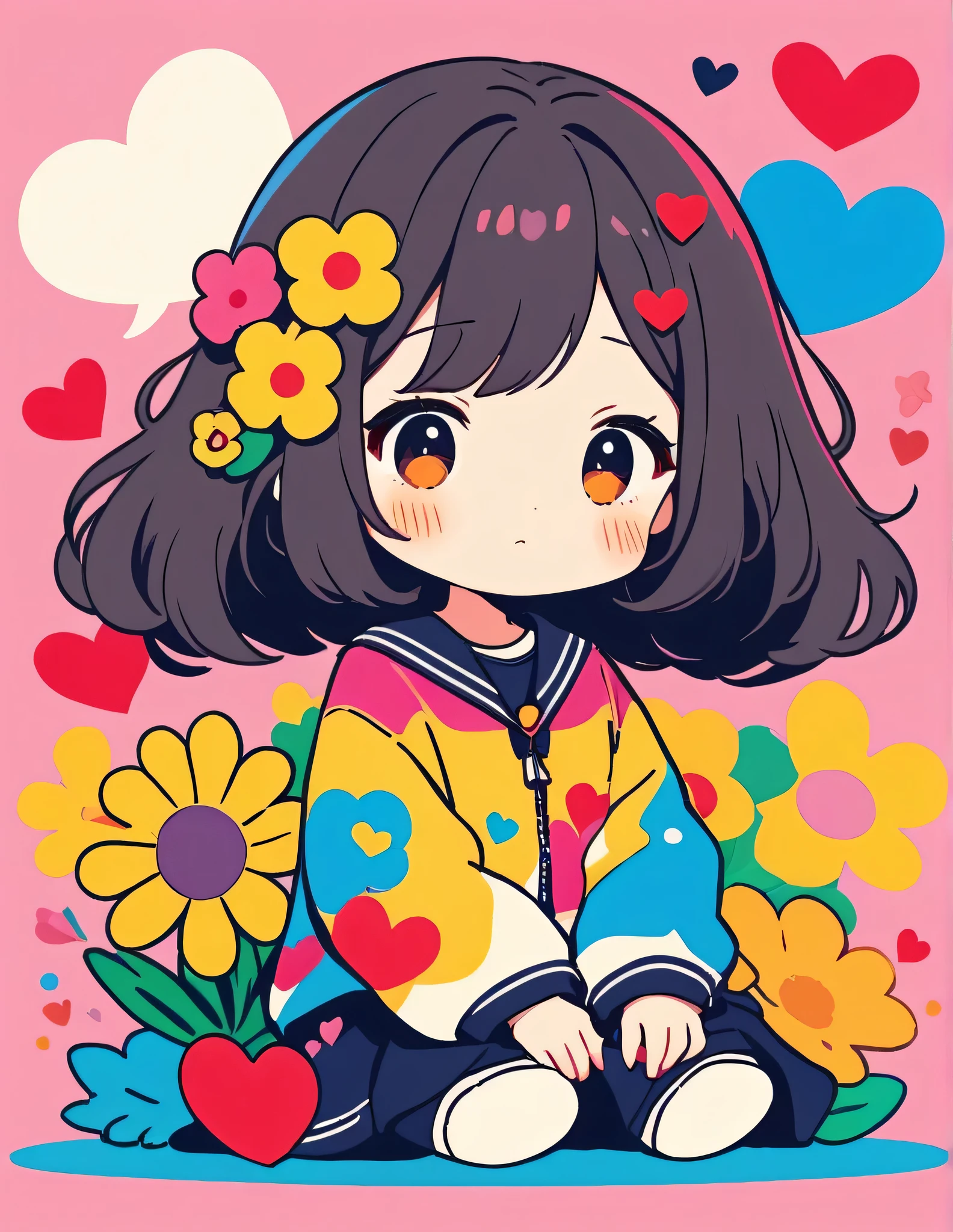 Mika Pikazo style, Simple Line Initialism，Abstract art，Kawaii Design, The most beautiful girl of all time、chibi,  colorful hearts, colorful flowers, (((nap))), Cute amoeba