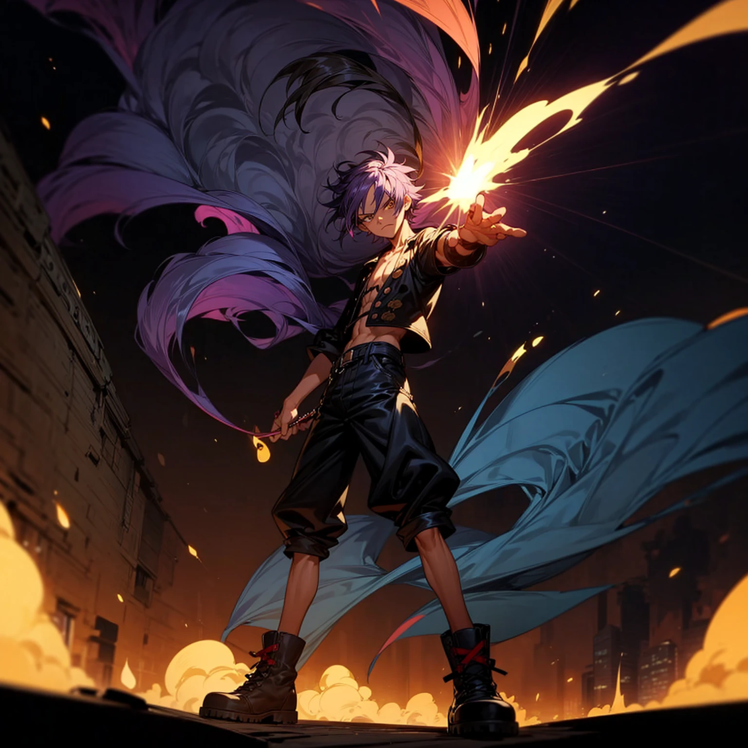 1character, full body version, character is adult male version, hazel eyes, dark purple colour hair, Shaggy hairstyle, clothing style is punk, boots, Grassroots background in city, motion blur, shadow, Black fire in hand, smoke in hand, Normal standing gesture, (one piece style art)