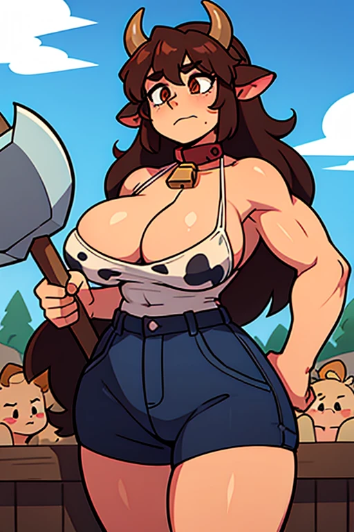 Female, girl, woman, horns, beast, muscular, big tits, wielding axe, fluffy, brown fur, exposed , cow features