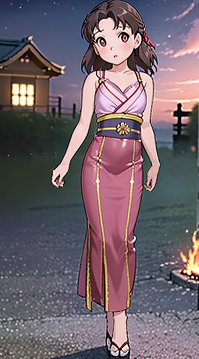 Masterpiece, Best Quality, High Resolution, Venus1, 1Girl, Solo, Tsuko Kamato, Bamboo, Gag, Hair (brown), Plaid Belt, Gag, Gag, Gradient Hair, Hair Ribbon, Haori, Japanese Clothing, Very Short Kimono, showing her underwear, big , Long Hair, Looking at the Audience, Multicolored Hair, Pink Eyes, Very Short Pink Kimono, showing her bra, Pink Ribbon, Ribbon, Solo, (((Masterpiece)), Forehead, standing posing infront of a burning house at night, with dark red clouds Cute puffing cheeks, seducing, Eyes wide, slim waist, sexy posing, slim tight,full body,wearing high heels