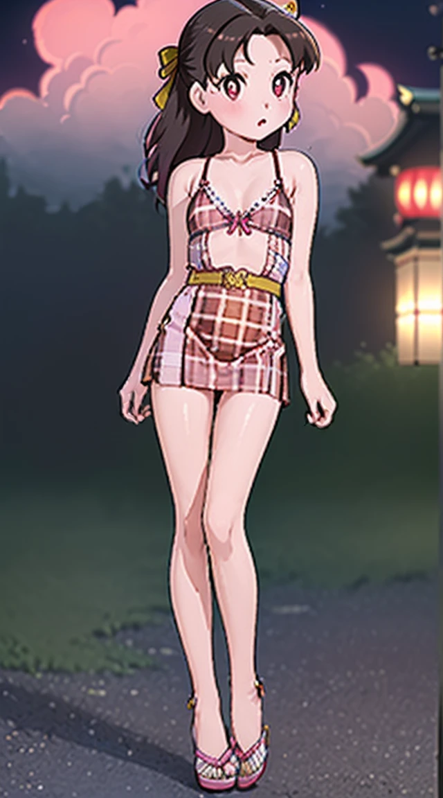 Masterpiece, Best Quality, High Resolution, Venus1, 1Girl, Solo, Tsuko Kamato, Bamboo, Gag, Hair (brown), Plaid Belt, Gag, Gag, Gradient Hair, Hair Ribbon, Haori, Japanese Clothing, Very Short Kimono, showing her underwear, big , Long Hair, Looking at the Audience, Multicolored Hair, Pink Eyes, Very Short Pink Kimono, showing her bra, Pink Ribbon, Ribbon, Solo, (((Masterpiece)), Forehead, standing posing infront of a burning house at night, with dark red clouds Cute puffing cheeks, seducing, Eyes wide, slim waist, sexy posing, slim tight,full body,wearing high heels