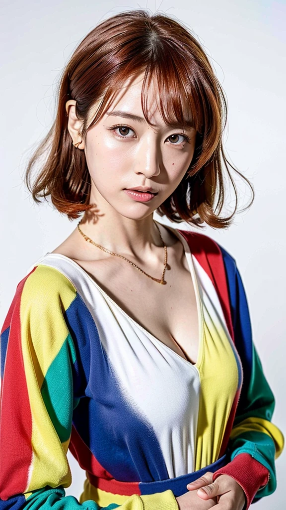 (Highest quality, 8K, 32k, masterpiece, Ultra-high resolution:1.2),Beautiful Japanese Women Photos, Rainbow clothes、Rainbow hoodie、Large Breasts, Very short bob hair,Red hair, necklace, Simple Background, From above, View your viewers,Red Hair、White background、