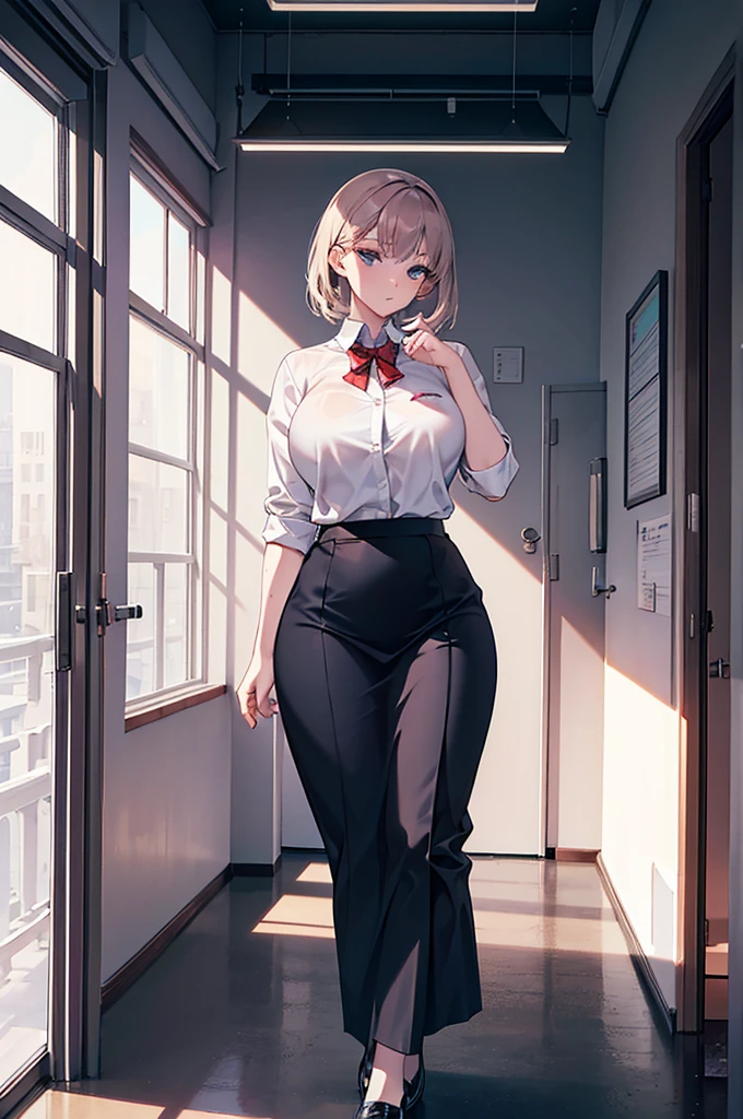 a woman, with an exquisite body figure, good shape, in a thinking pose holding a hand on her chin, in a school teacher uniform, standing in the classroom, facing towards the whiteboard, full body shot, wide view