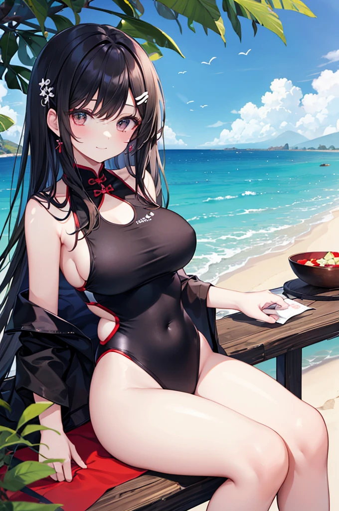 Beautiful girl，Wearing a black swimsuit，Black long hair，watcher，Upper Body，Sitting by the beach，Lovely，A slight smile on the face，Large bust（Slim legs:10.0)，Peerless Beauty，Wearing Chinese ancient jade hairpin jewelry，Red leg