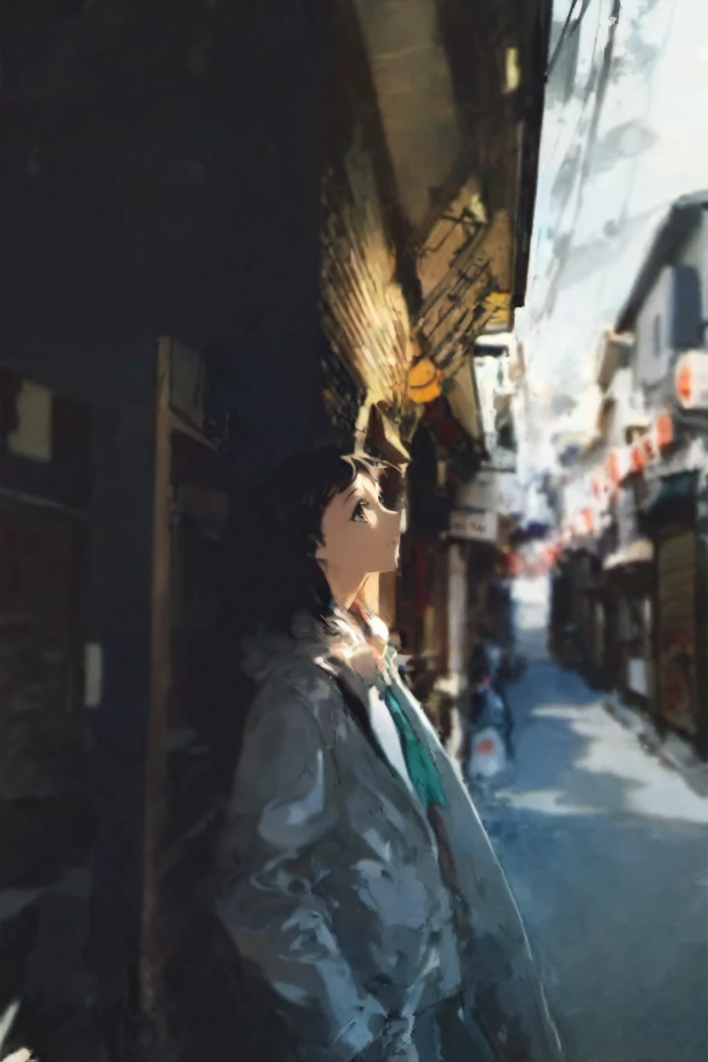 by rella, woman standing on a narrow street in a city with buildings, in a tokyo street, by Eizan Kikukawa, in the streets of tokyo, standing in an alleyway, by Torii Kiyomoto, by Kamagurka, by Tobias Stimmer, in narrow tokyo alleyway, shot in canon 50mm f/1.2