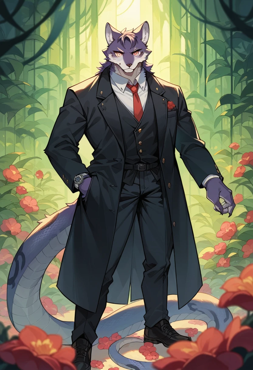 (best quality, high resolution, ultra-detailed)silhouett(kemono, furry anthro)holding striking pocket watch, surrounded by flowers, snakes and darkness, illustrative rendering, intricate details, mysterious atmosphere, vibrant colors, dynamic lighting , Gothic style,