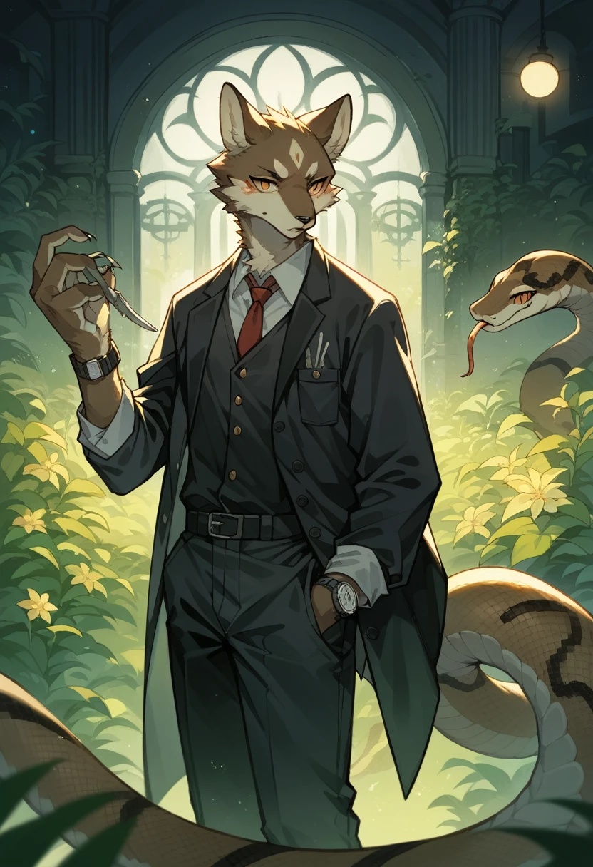 (best quality, high resolution, ultra-detailed)silhouett(kemono, furry anthro)holding striking pocket watch, surrounded by flowers, snakes and darkness, illustrative rendering, intricate details, mysterious atmosphere, vibrant colors, dynamic lighting , Gothic style,