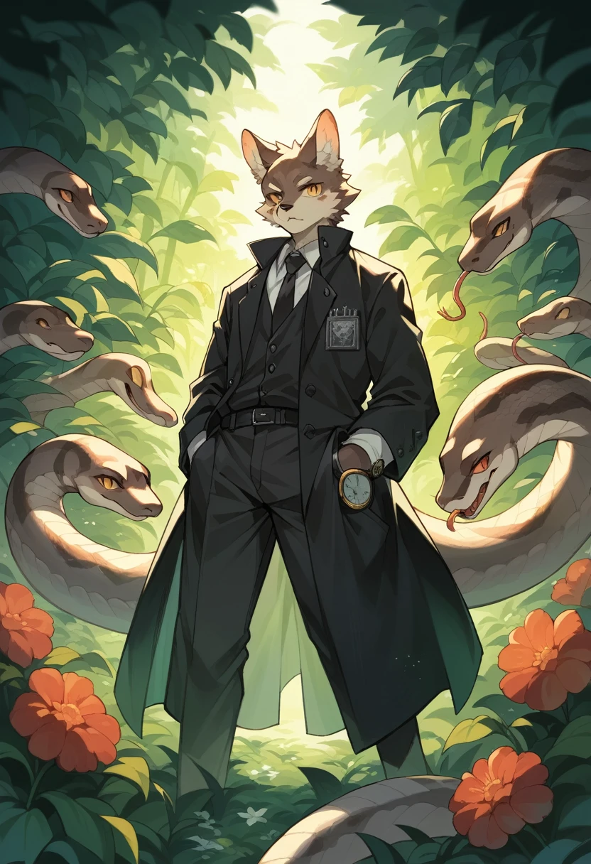 (best quality, high resolution, ultra-detailed)silhouett(kemono, furry anthro)holding striking pocket watch, surrounded by flowers, snakes and darkness, illustrative rendering, intricate details, mysterious atmosphere, vibrant colors, dynamic lighting , Gothic style,