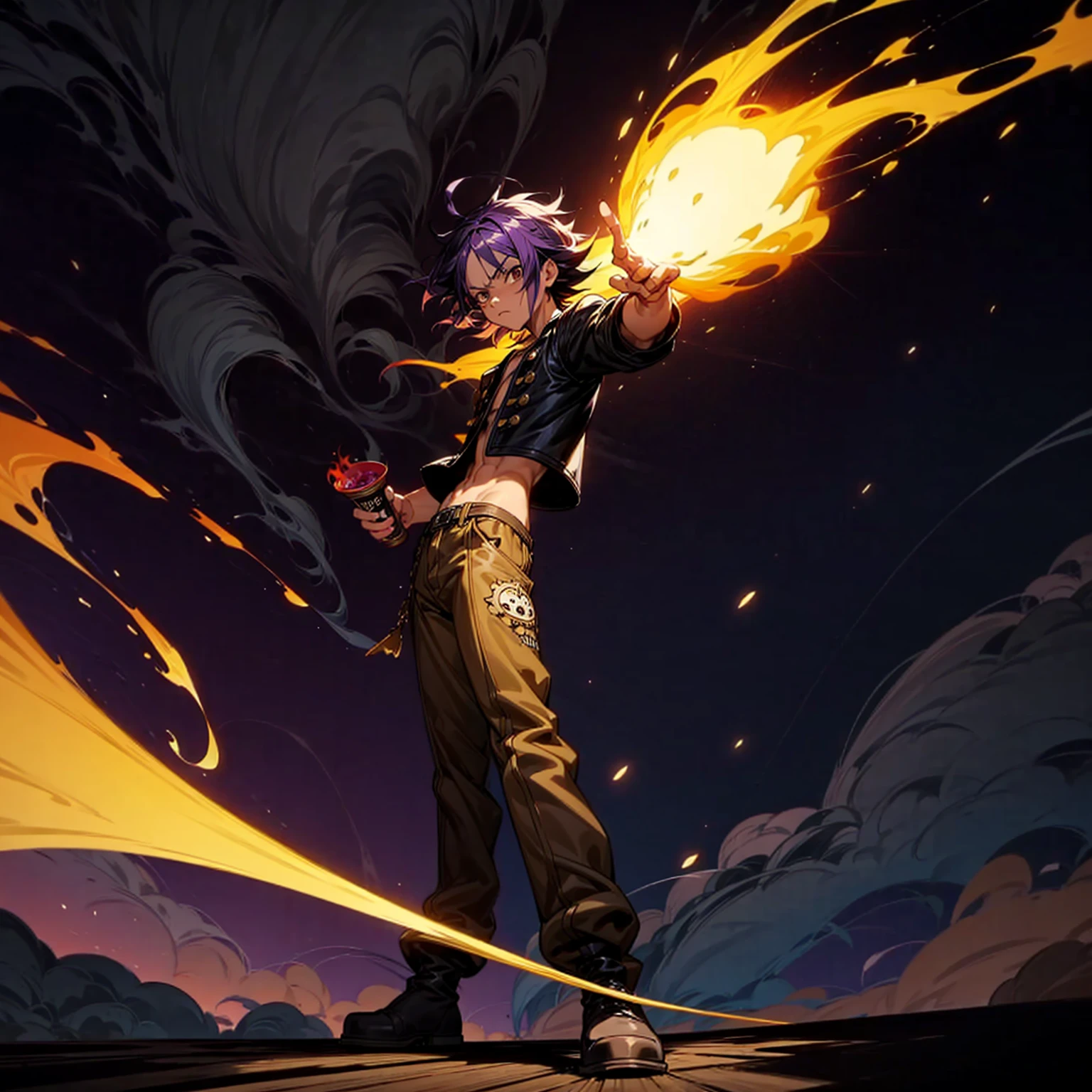 1character, full body version, character is adult male version, hazel eyes, dark purple colour hair, Shaggy hairstyle, clothing style is punk, boots, Grassroots background in city, motion blur, shadow, Black fire in hand, smoke in hand, Normal standing gesture, (one piece style art)