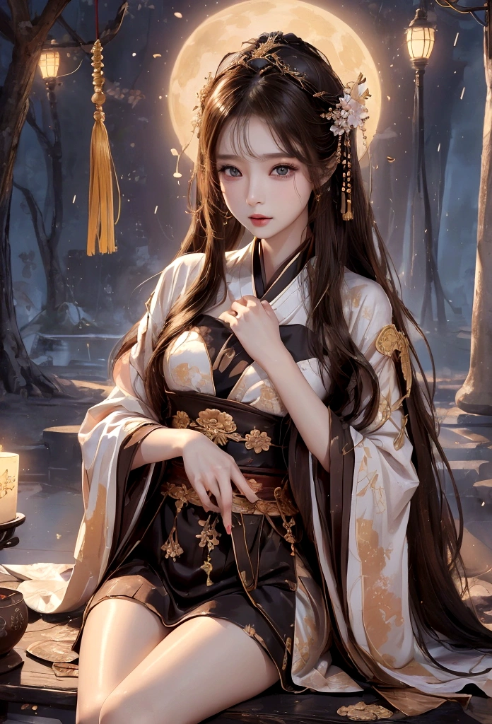 Best image quality、、masterpiece：1.3))、Realistic high-quality photos、Highest quality、 Beautiful face、Photos of slim models、Beautiful girl model、Young and pretty face、Beautiful model girl、A lovely and delicate face、Brown Hair、Beautiful brown eyes、Tear bags、Young Body、(Finely scattered splashes of color), (figure),(((1 Girl))),(Long Hair),(rain:0.9), (Headdress: 1.4), There is an ancient palace next to the girl., Hanfu, (emphasize),  ink painting, (Spattered colors), Spattered colors, (((colorful))), (sketch: 0.8), Tabletop, Highest quality, Beautifully drawn, verydetailedな,(Noise Reduction:0.6),[Splash Ink],((Ink Refraction)), (美しくdetailedな空),moon,very,detailed,(Tabletop, Highest quality, verydetailedな)、Small breasts、Exposed thighs