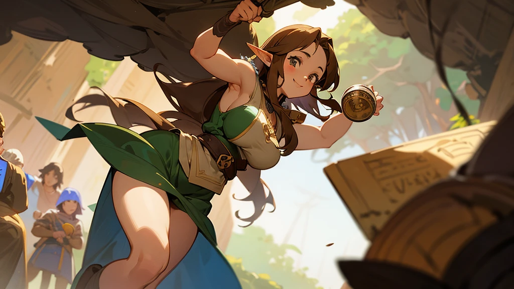 Healthy thighs,Anime Style,Nostalgic,Detailed background,The medieval world,A busy cave full of people,Smiling brown-haired bard beautiful elf girl holding coffee,Large Breasts,Underarm